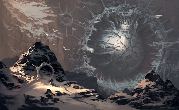 Winter landscape with a giant alien structure