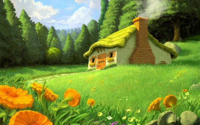 A quaint cottage with a thatched roof in a green meadow