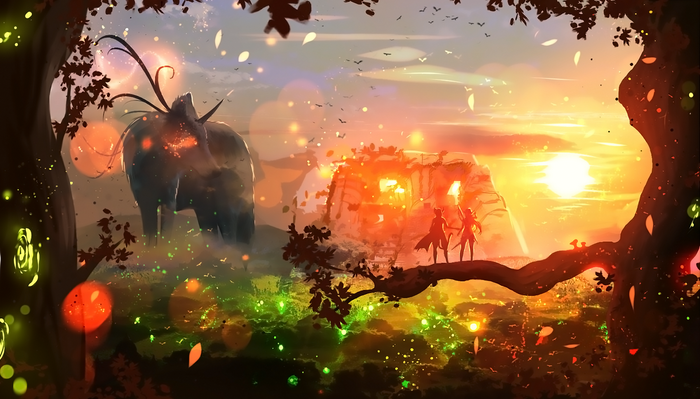 Fantasy landscape with mythical creature and two figures at sunset