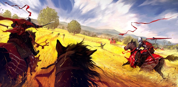 Knights on horseback charging through a field