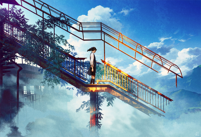 Girl with ponytail in school uniform on a staircase