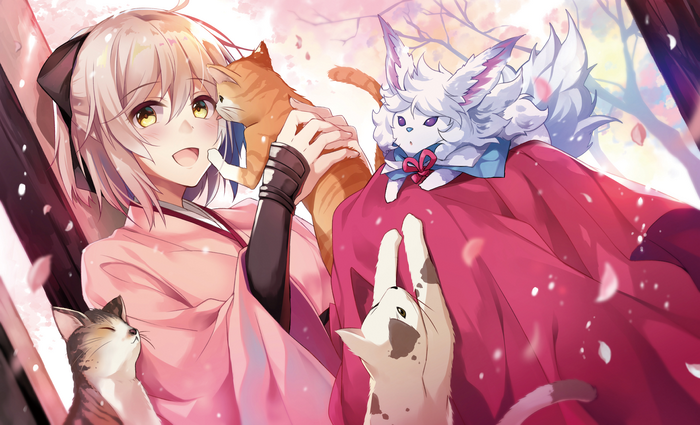 Sakura Saber with cats and fox creature