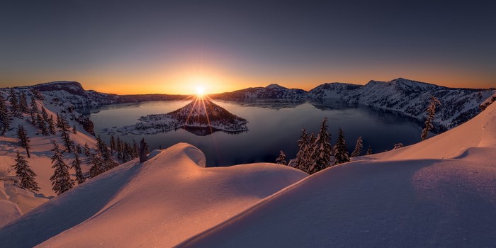 Sunrise Over Snow-Covered Crater Lake Island