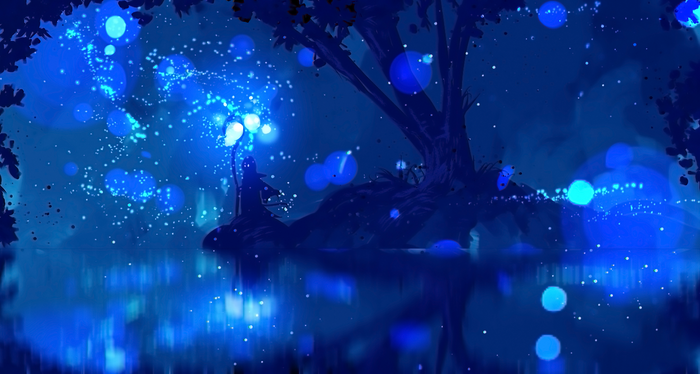 Blue magical lake with a mage and a tree
