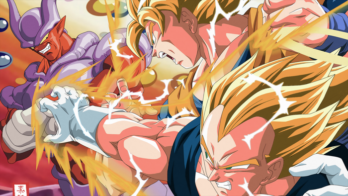 Goku and Vegeta from Dragon Ball fighting Janemba