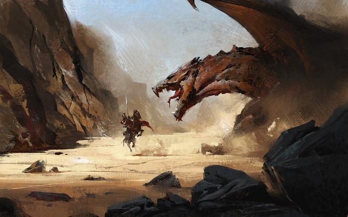 Knight on horse fighting a dragon in a desert canyon