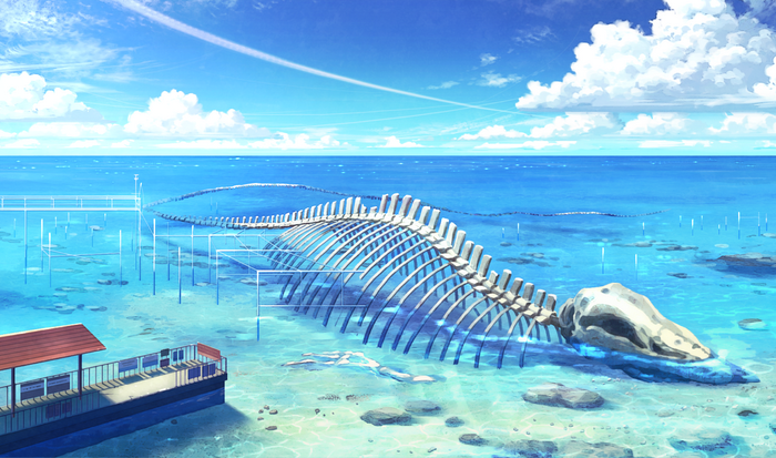 Whale skeleton in shallow blue ocean with pier