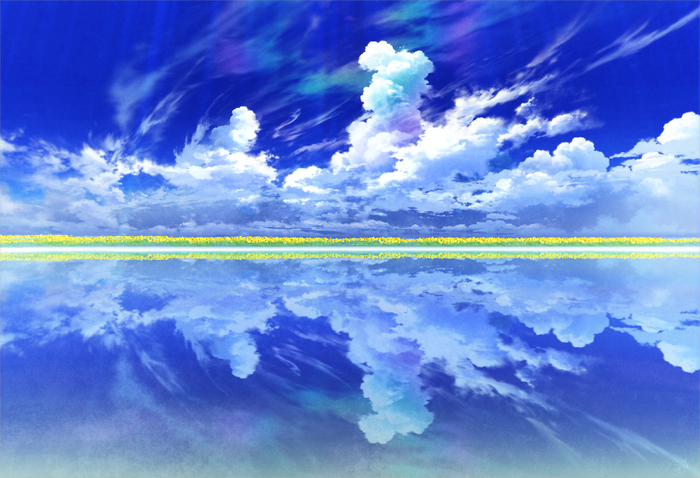 Anime sky with clouds reflected in water