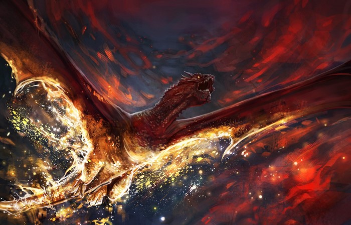 Dragon in flight amidst fire and stars