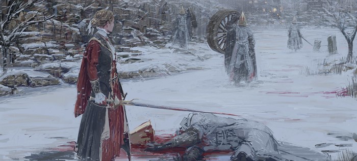 Woman Warrior with Sword over Fallen Knight in Snow
