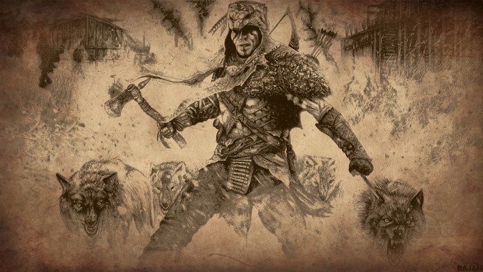 Connor from Assassin's Creed with wolves