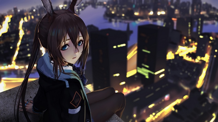 Amiya from Arknights sitting on a rooftop overlooking a city at night