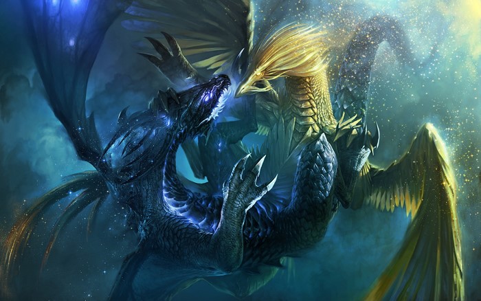Fantasy Dragons Fighting in a Starry Sky