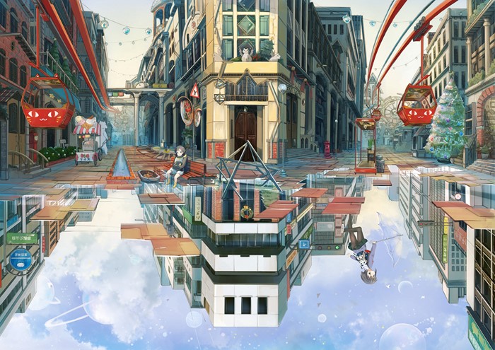 Anime city street with reflections and gondolas