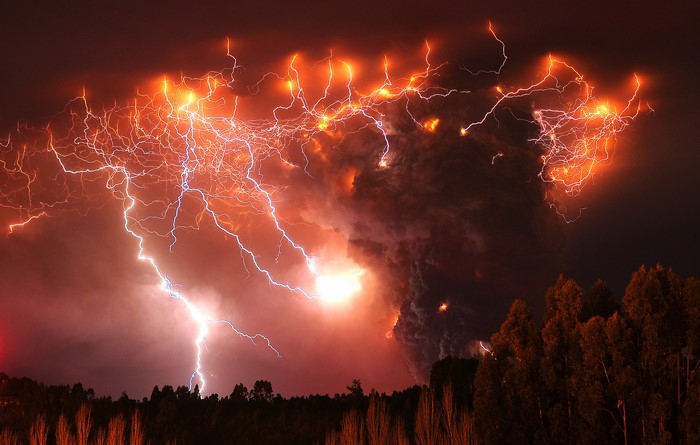 Volcanic lightning storm over a forest