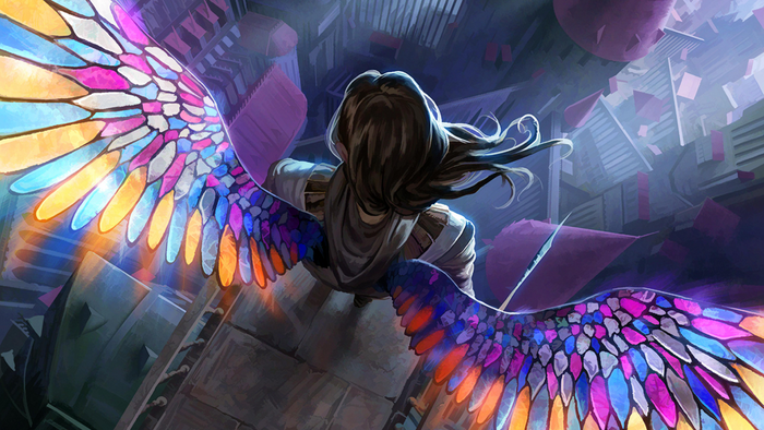 Person with stained glass wings flying