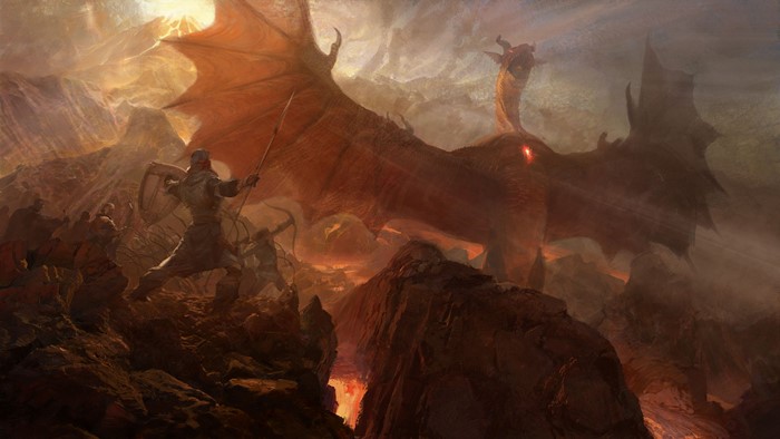 Warrior with Lance and Shield Fights Dragon in Lava Landscape