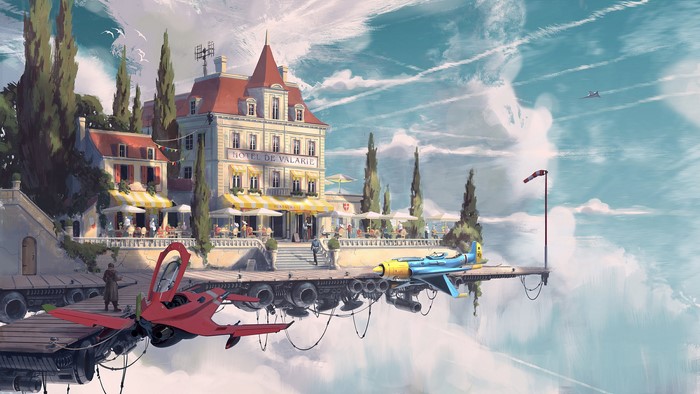 Floating hotel with aircraft and clouds