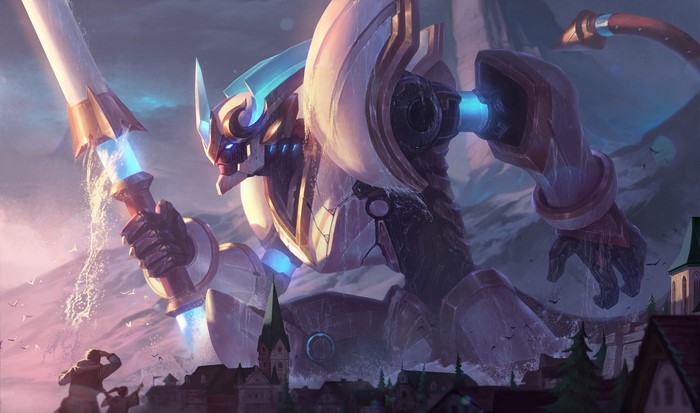 Giant robot with sword over a town