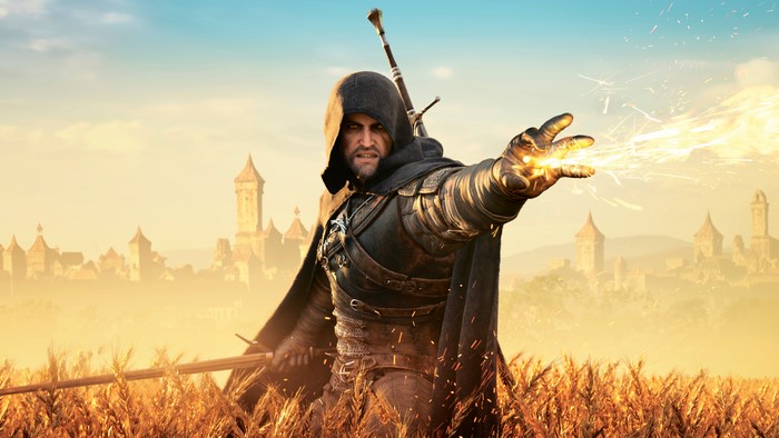 Geralt of Rivia casting a spell in a field