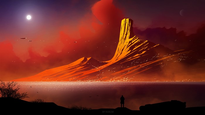 Alien landscape with moon and spacecraft