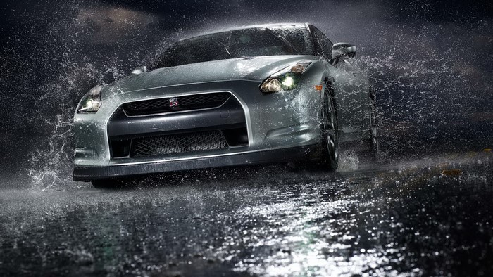 Nissan GT-R driving through water