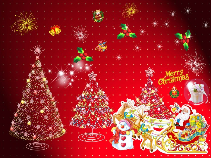 Christmas scene with Santa, snowman, and trees