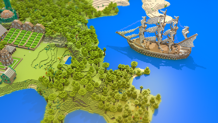 Minecraft world with a sailing ship and village