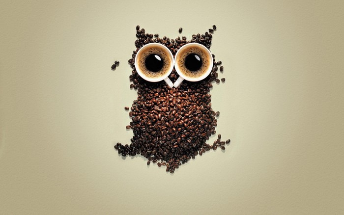 Owl made of coffee beans and cups