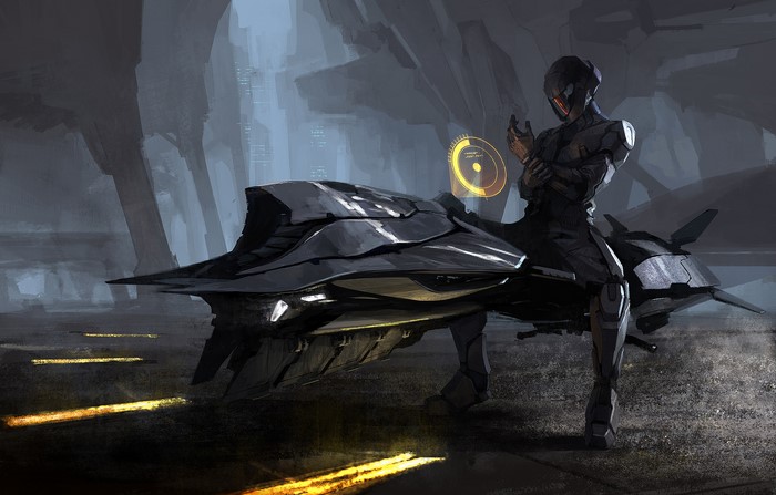 Futuristic Hover Bike with Rider and Hologram
