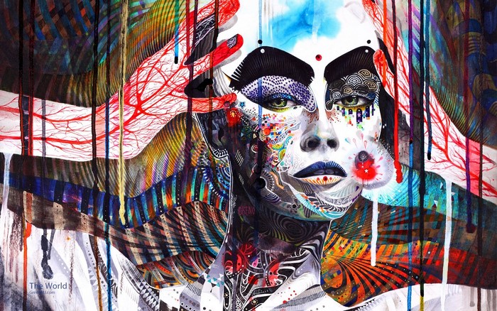 Psychedelic portrait of a woman with intricate patterns
