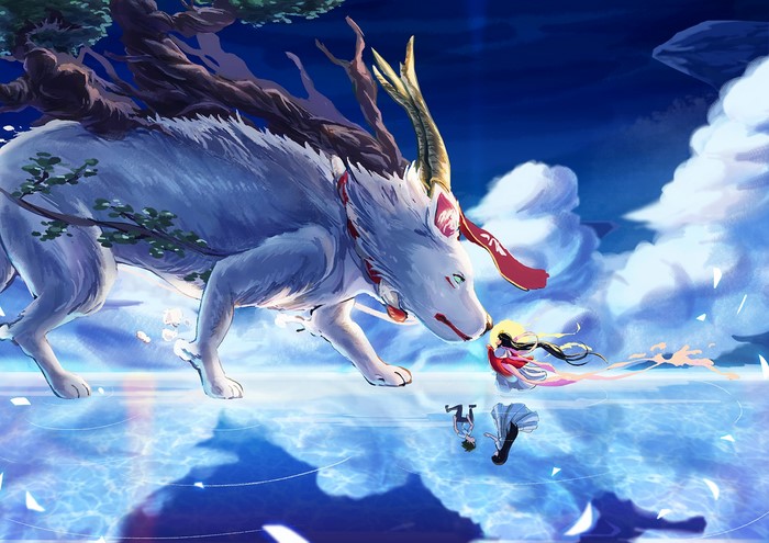 Anime girl and white wolf creature in sky