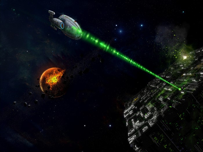 Star Trek Borg Cube attacked by Federation ship