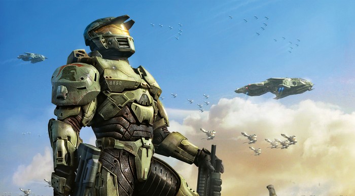 Master Chief from Halo with UNSC ships