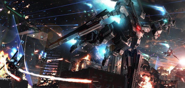 Giant Mech Battle in Destroyed City