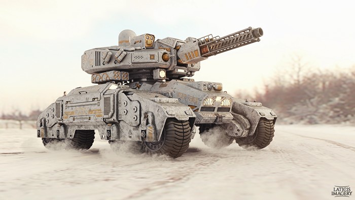 Futuristic military tank in a snowy landscape