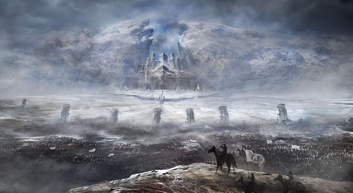 Army preparing for battle at a frozen castle