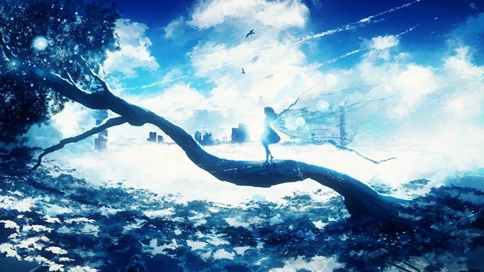 Anime girl on a tree branch with city in background