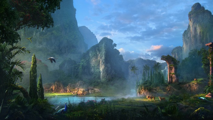 Fantasy landscape with ruins, animals, and birds