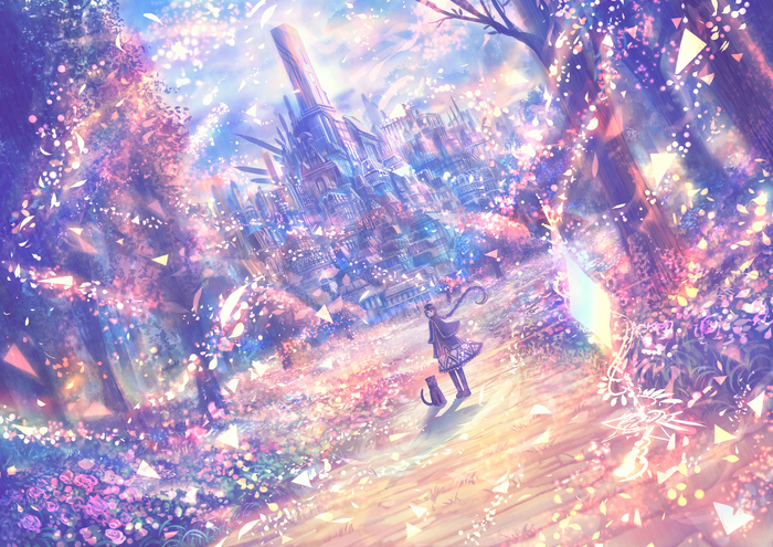 Anime girl and cat in a fantasy city