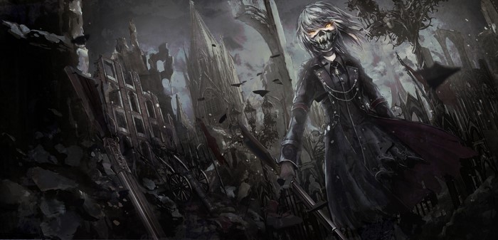 Anime character with mask and sword in ruined city
