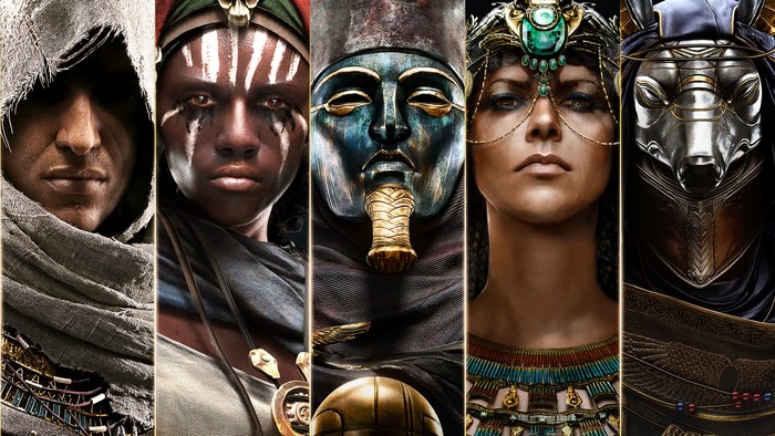 Assassin's Creed Origins characters: Bayek, Aya, and Anubis