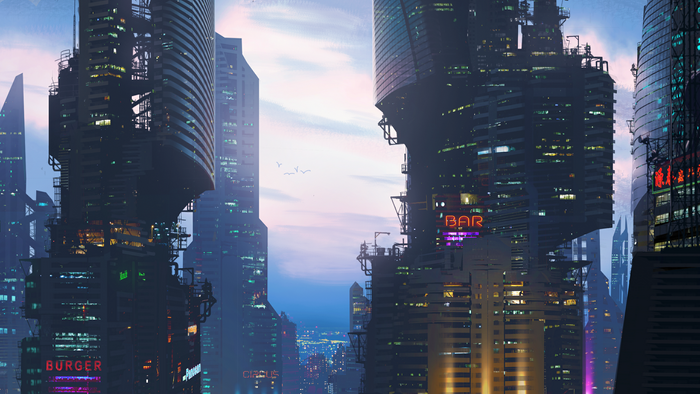 Futuristic Cyberpunk Cityscape at Dusk