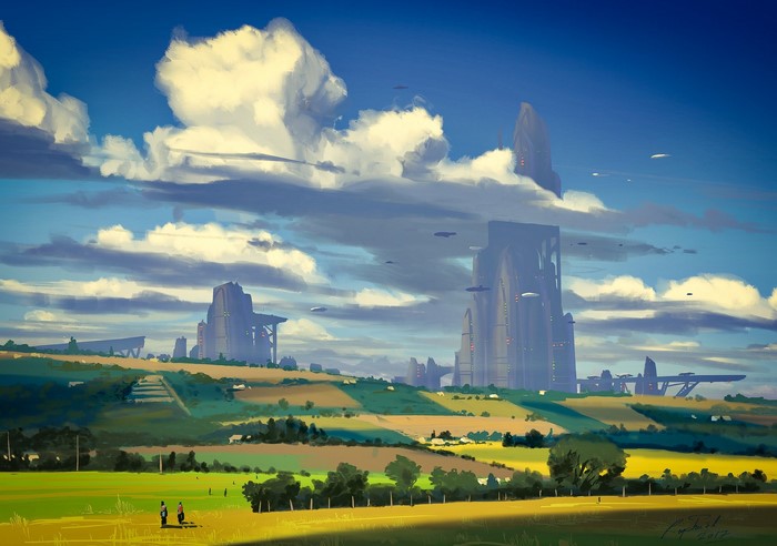 Futuristic cityscape in a rural landscape with flying vehicles