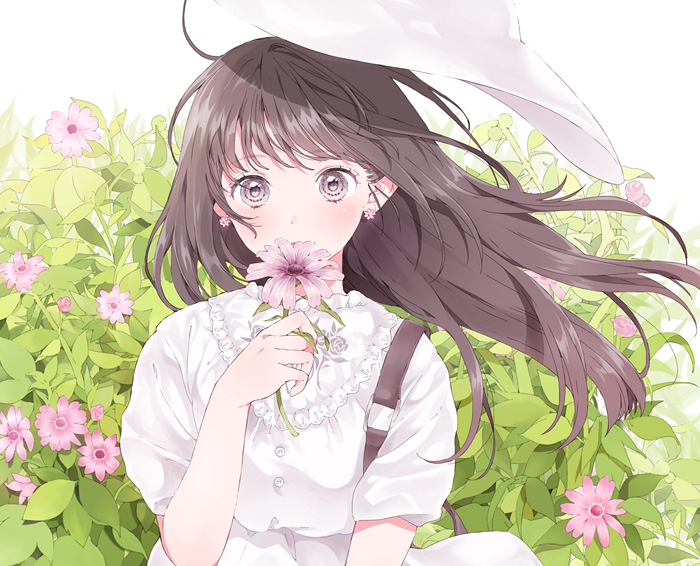 Anime girl with flower in garden