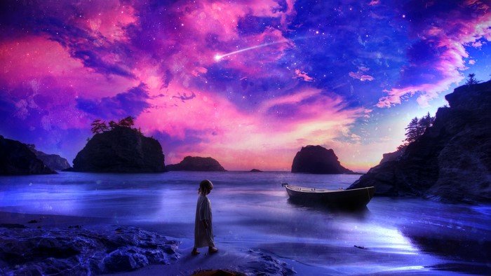 Child on a beach with a boat under a colorful sky