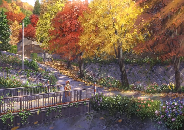 Anime girl on a bridge in autumn