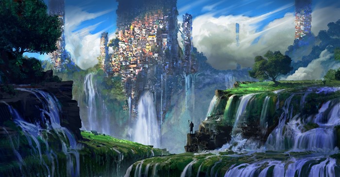 Fantasy city built on cliffs with waterfalls and a lone figure