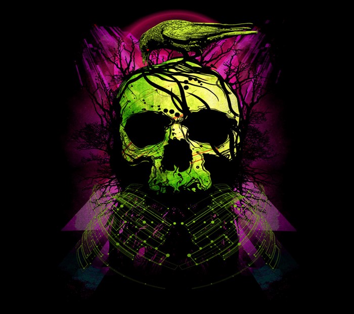 Green skull with crow and abstract background