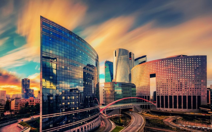Modern skyscrapers in Paris at sunset